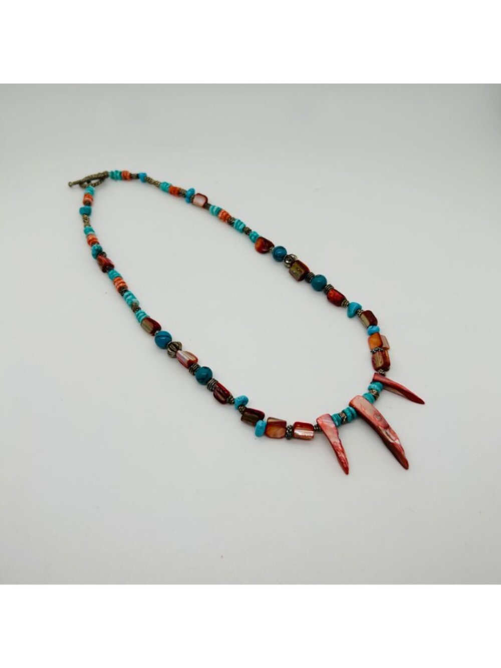 Southwestern Red Spiny Oyster & Turquoise Color Stone Shell Spike Toggle Vintage - Picture 5 of 12